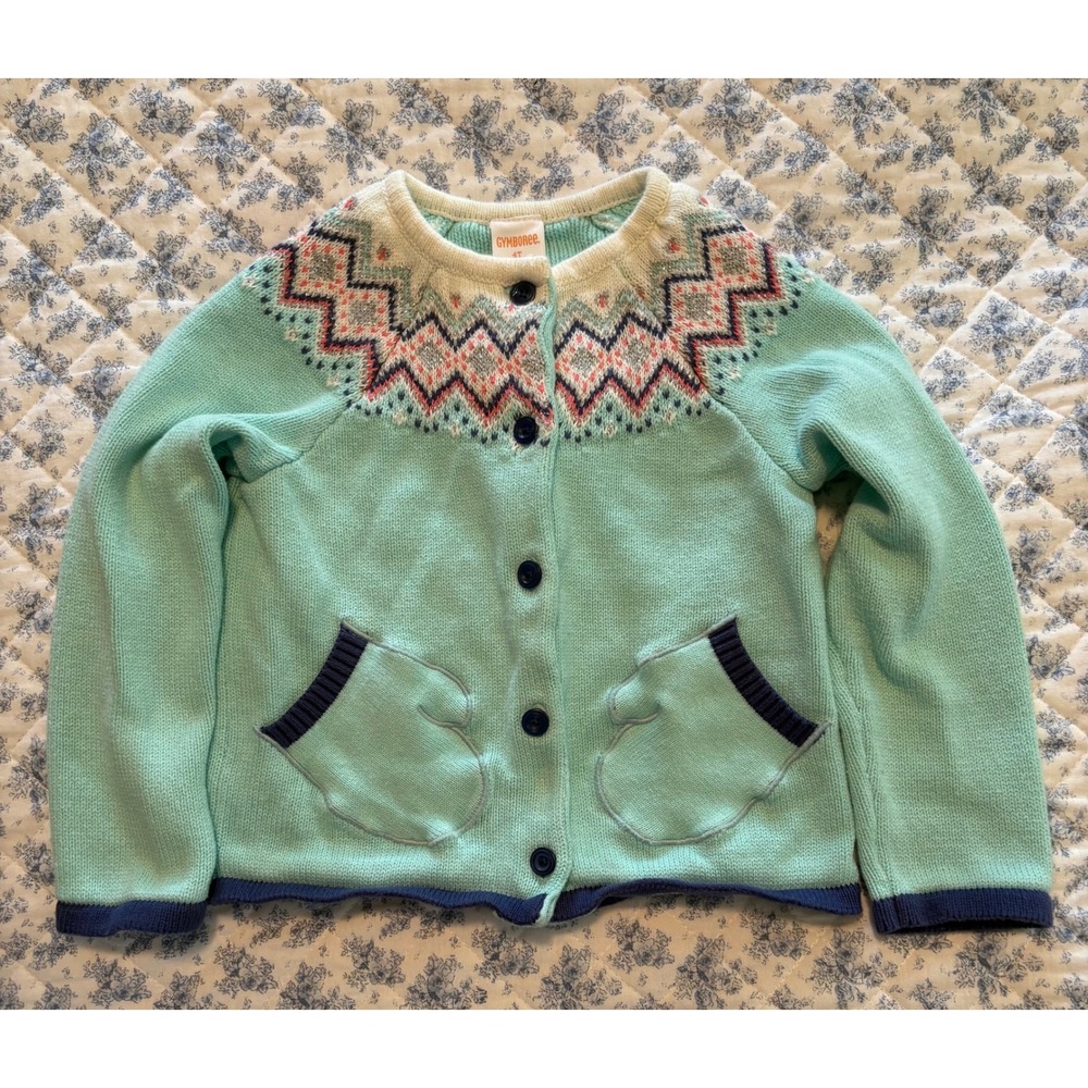 Gymboree Girl's 4T Fair Isle Cardigan Sweater Mint Blue with Navy Buttons